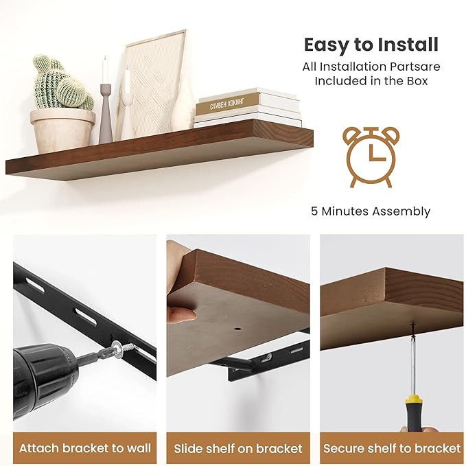 Fun Memories Wood Floating Shelves Set of 2, Rustic Pine Wood Floating Shelves for Wall Mounting, Wide Wall Shelf for Home Decor and Storage, 36" W x 7" D, Walnut