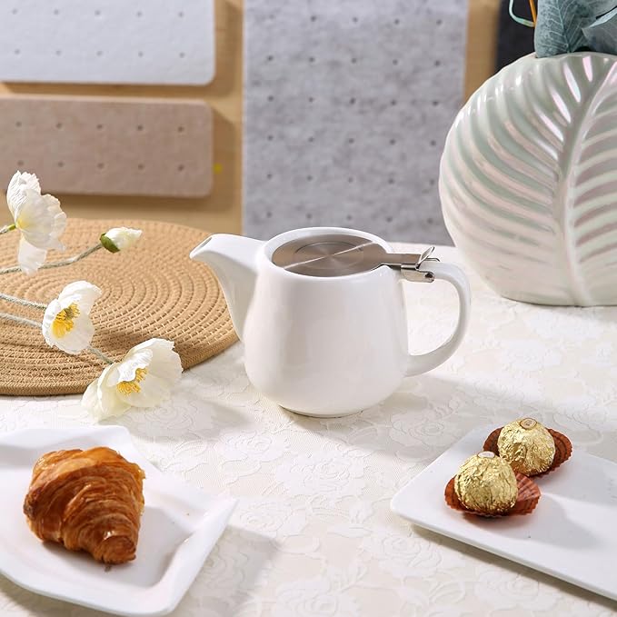 Ceramic Teapot With Stainless Steel Infuser, Heat Resistant, Perfect Tea Maker, White, 500ml/17oz