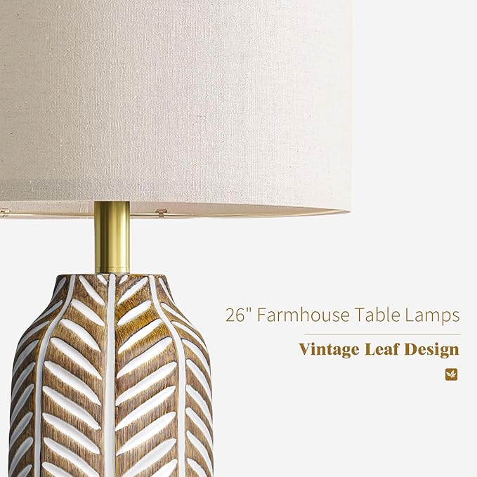 BOBOMOMO 26" Farmhouse Table Lamps Set of 2 - Vintage Leaf Design, Rustic Resin Nightstand Lamps for Bedroom, Living Room, Nursery, Hallway, Elegant Living Room Lamps with Linen Shades Antique Brown