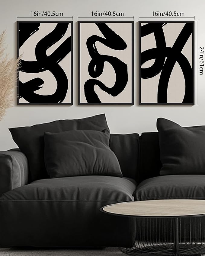 KUVIOKE Black Abstract Framed Wall Art Ink Wash Minimalist Lines Canvas Painting Artwork for Bedroom Hallway 16x24in (Black Framed)