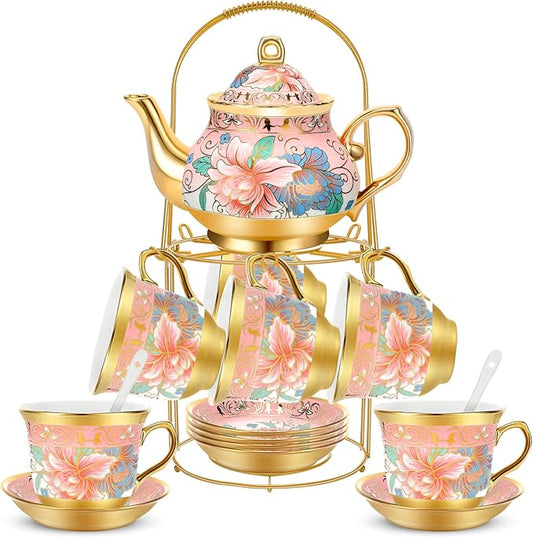20 Pcs Porcelain Tea Set for Adults with Metal Holder and Spoon European Ceramic Tea Party Set Flower Painting Teapot Cup Gold Plated Saucer for Women, Serving 6 People(Fresh)