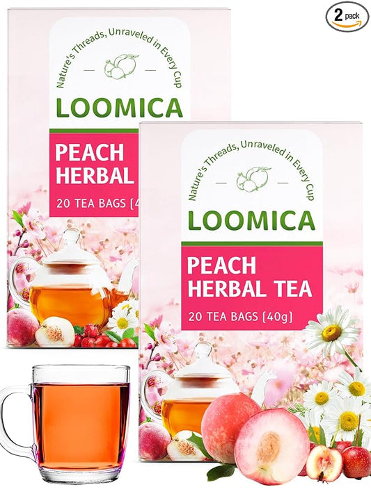 LOOMICA Peach Herbal Tea, Caffeine-Free, Peach Tea Bags with Rosehip, Hibiscus, Chamomile & Orange Peel, Naturally Balanced Sweet & Tangy, Refreshing Fruity Herbal Blend, No Artificial Sugar, 20 Counts (Pack of 2)