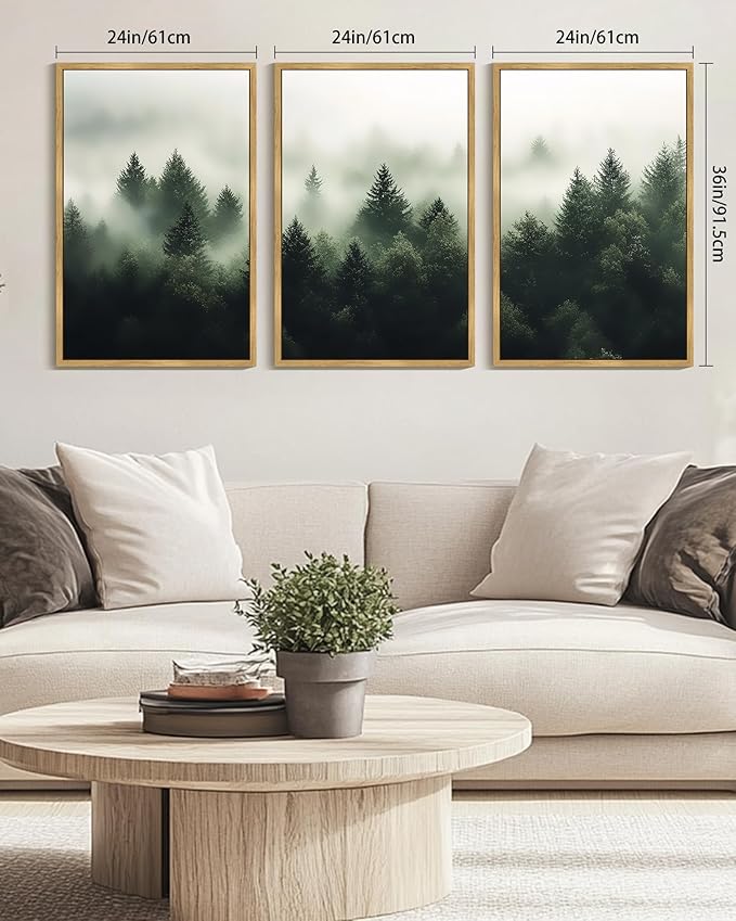 KUVIOKE Morden Green Fog Pine Tree Framed Canvas Wall Art Nature Nordic Forests Artwork Painting Bedroom Decor 24x36in (Natural Framed)
