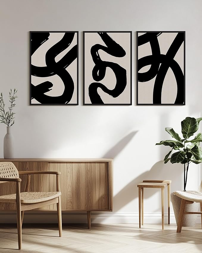 KUVIOKE Black Abstract Framed Wall Art Ink Wash Minimalist Lines Canvas Painting Artwork for Bedroom Hallway 24x36in (Black Framed)