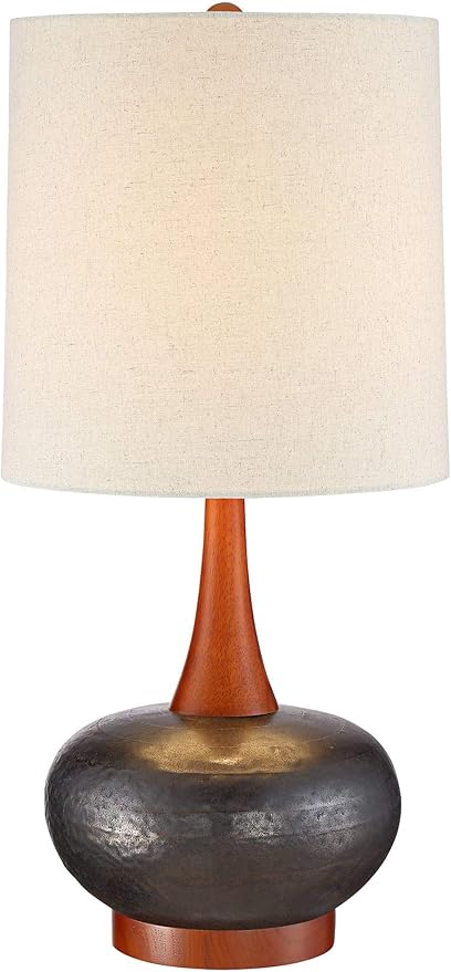 360 Lighting Andi Mid Century Modern Table Lamp 24.5" High Hammered Bronze Ceramic Wood Off White Tall Drum Shade for Living Room Bedroom House Bedside Nightstand Home Office (Color May Vary)