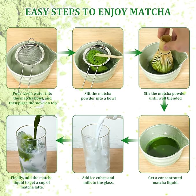 5 in 1 Japanese Matcha Set, Matcha Bowl with Spout, Matcha Whisk Holder, Bamboo Matcha Whisk and Bamboo Scoop, 16 oz Mottled Tea Green Glaze Ceramic Matcha Kit for Tea Lovers (Green)