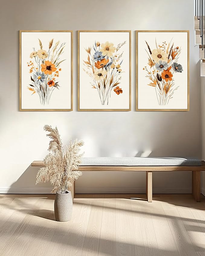 KUVIOKE Vintage Wildflower Bouquet Framed Wall Art Retro Flower Botanical Pictures Illustrations Colorful Floral Hanging Decor 24x36in (Natural Framed)