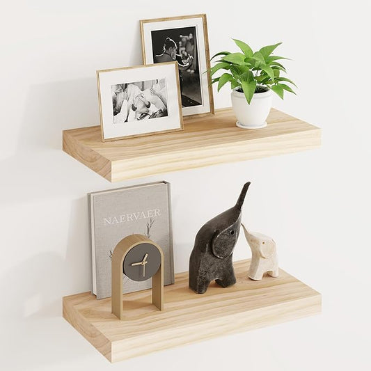 Fun Memories Wood Floating Shelves Set of 2, Rustic Pine Wood Floating Shelves for Wall Mounting, Wide Wall Shelf for Home Decor and Storage, 16" W x 7" D, Natural Unfinished, DIY Stain