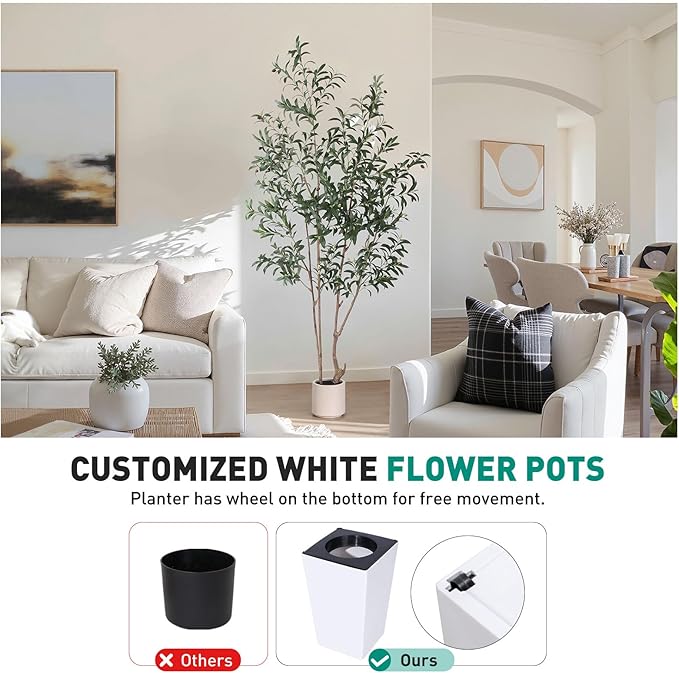 Artificial Olive Trees, 7 FT Tall Fake Olive Tree with White Planter for Indoor - Large Faux Olive Silk Tree for Home Office Decor