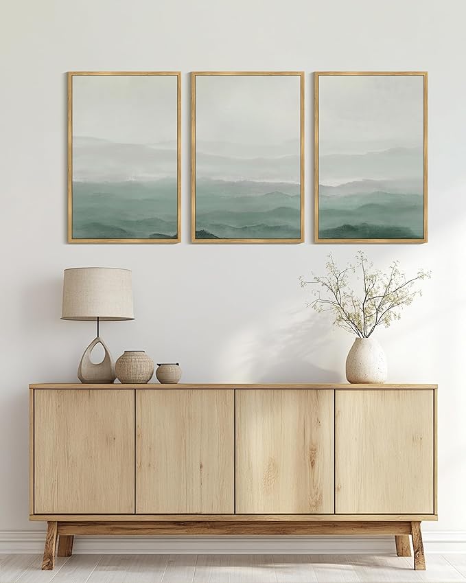 KUVIOKE Green Watercolor Mountains in Fog Framed Canvas Wall Art Wilderness Nature Landscape Artwork Painting Boho Rustic Scenic Relax Cool Room Decor for Bedroom Living Room 24x36in (Natural Framed)