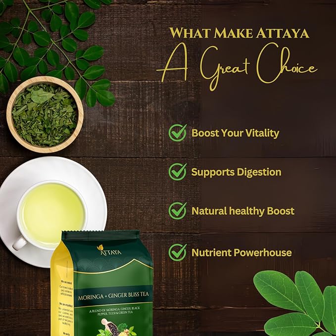 Attaya Moringa Ginger Bliss Tea – 35 Pyramid Bags | Antioxidant Superblend for Energy, Metabolism & Immunity | Moringa • Ginger • Tulsi • Black Pepper • Green Tea