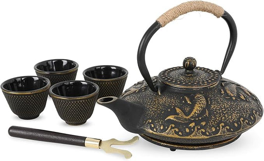 Ufine Koi Fish Cast Iron Teapot Set Stove Top Tea Kettle with 4 Cups Japanese Style Tetsubin Tea Gift Set, 26 oz with Stainless Steel Infuser