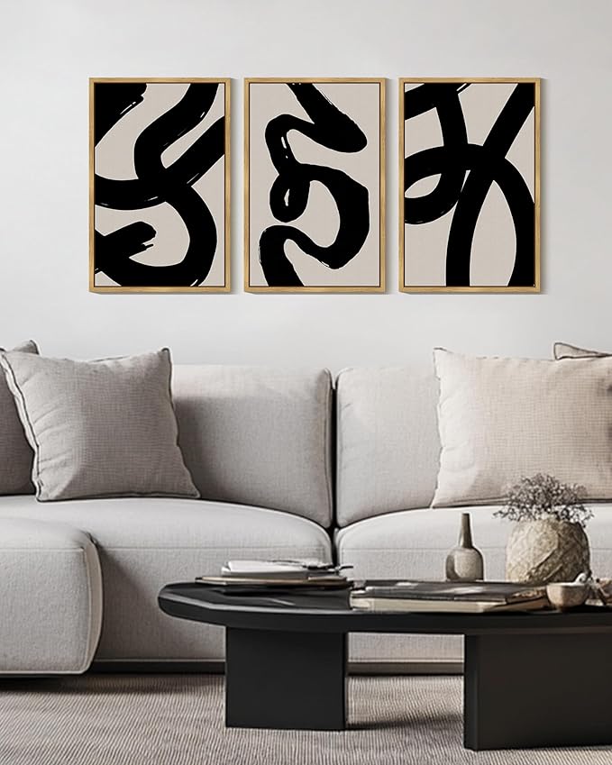 KUVIOKE Black Abstract Framed Wall Art Ink Wash Minimalist Lines Canvas Painting Artwork for Bedroom Hallway 16x24in (Natural Framed)