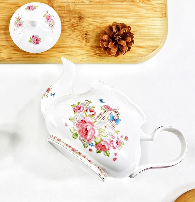 YBK Tech Strengthen Porcelain Coffee Pot Ceramic Teapot- Pink Rose (Teapot)