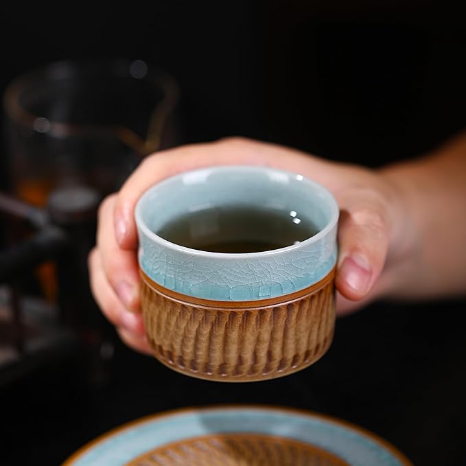 Ru Kiln Tea Cup - Handcrafted Chinese Japanese Ceramic Kungfu Tea Cup with Ice Crystal Crackle Glaze, Double Layer Insulated, Light Blue Interior & Textured Exterior for Tea/Coffee Lovers