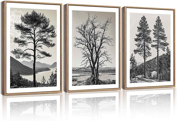KUVIOKE Vintage Tree Framed Canvas Wall Art Black and White Retro Antique Forest Drawings Nature Wilderness Sketch Wall Painting Modern Decor 12x16in (Natural Framed)