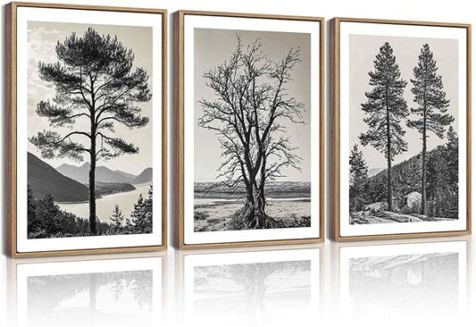 KUVIOKE Vintage Tree Framed Canvas Wall Art Black and White Retro Antique Forest Drawings Nature Wilderness Sketch Wall Painting Modern Decor 12x16in (Natural Framed)