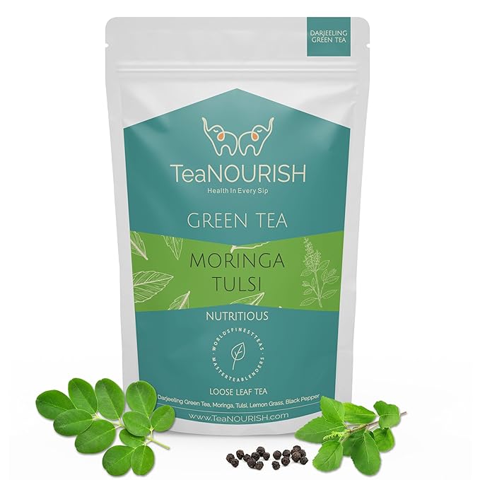 TeaNOURISH Moringa Tulsi Green Tea | Darjeeling Loose Leaf Tea | 100% Natural Moringa & Tulsi Leaves | Immune Support Tea - 3.53oz/100g