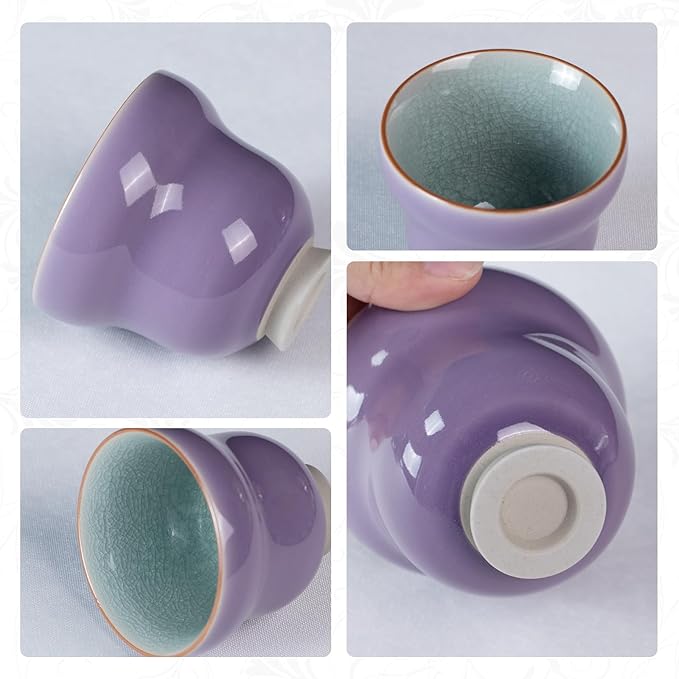 Tea Cup Set of 2 Porcelain Small Tea Cups 4.2oz Purple Japanese Tea Cup Set, Ceramic Teacups for Home, Party, Office, Chinese Kung Fu Tea Set for Hot/Cold Drink (Purple Lilac Gourd-Ice Crackle Glaze)