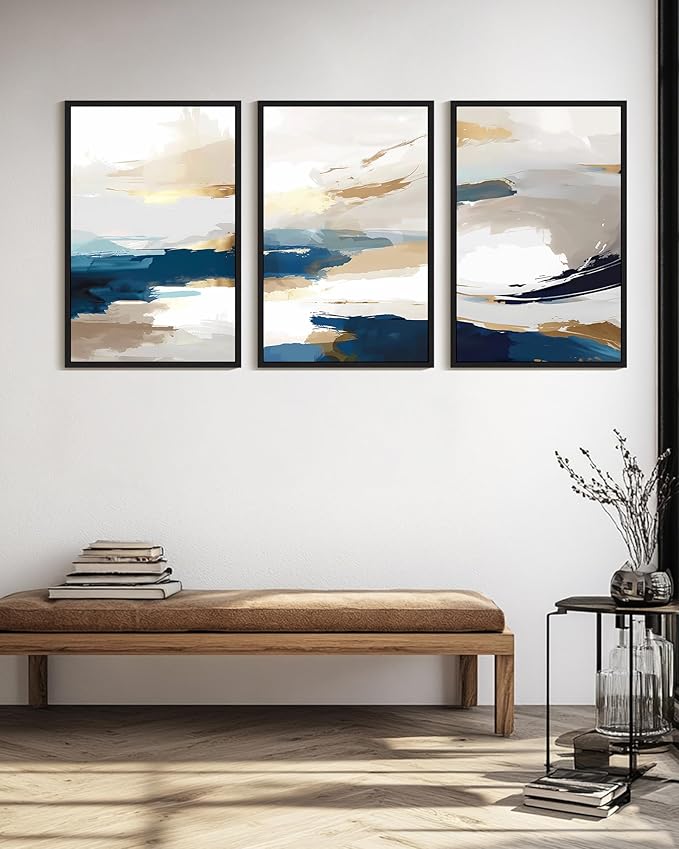 KUVIOKE Navy Blue Abstract Framed Canvas Wall Art Graffiti Shape Pastel Wall Decor Modern Minimalist Art Painting for Bedroom Living Room 24x36in (Black Framed)