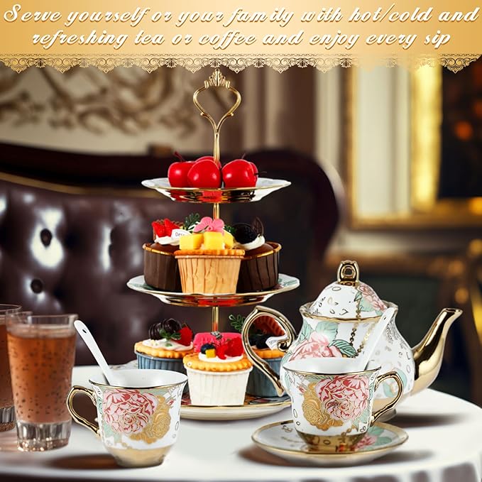 Maxcheck 21 Pcs Tea Party Set for Adults European Floral Tea Set with Metal Holder and 3 Tier Ceramic Cake Stand Porcelain Flower Cup Teapot for Dessert Cupcake(Elegant Style)