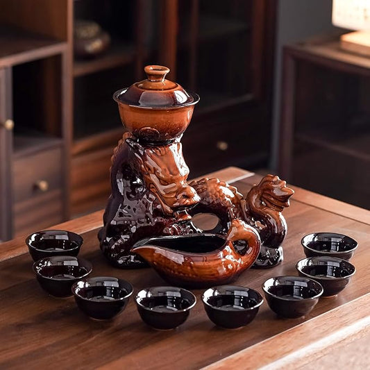 Ceramic Teapot with Infuser Semi Automatic Tea Set Magic Teapot with 8 cups Gradient Color (Yellow Dragon- C)