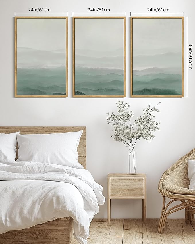 KUVIOKE Green Watercolor Mountains in Fog Framed Canvas Wall Art Wilderness Nature Landscape Artwork Painting Boho Rustic Scenic Relax Cool Room Decor for Bedroom Living Room 24x36in (Natural Framed)