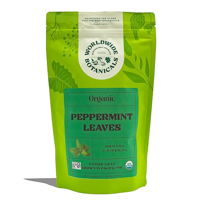 Worldwide Botanicals Organic Peppermint Loose Leaf Tea, 4 oz - Pacific Northwest Organic Cultivation, Highly Aromatic Digestive Tea, Antioxidant, Caffeine Free