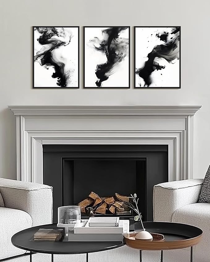 KUVIOKE Black White Abstract Framed Canvas Wall Art Ink Wash Pastel Wall Decor Modern Rendering Illustration Art Painting for Bedroom Dining Room 12x16in (Black Framed)