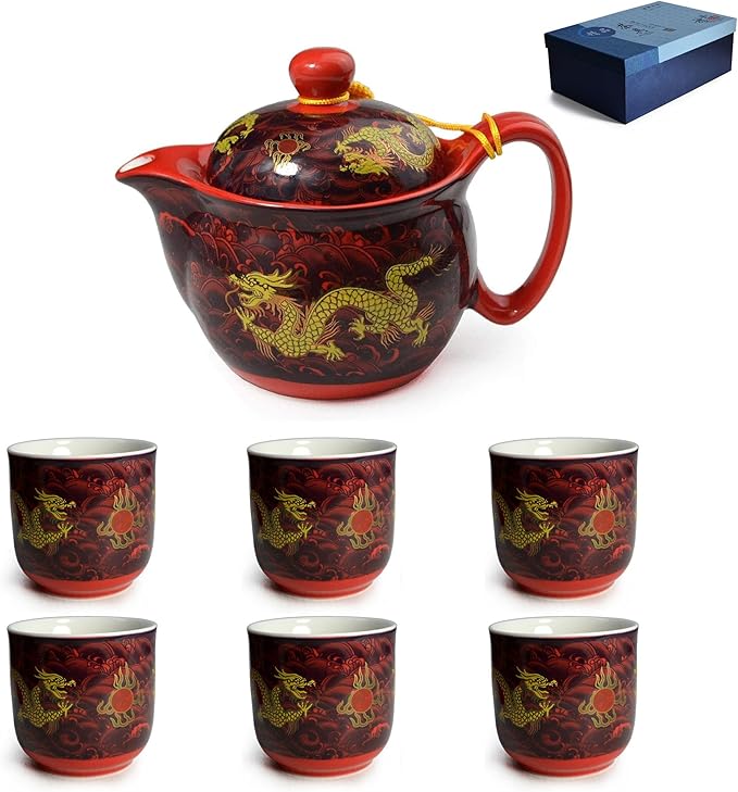 Ceramic Teapot With 6 Cups Set Chinese Porcelain Dragon Tea pot with Infuser and Teacup for Home Office Tea Set (red)