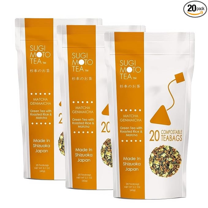 SUGIMOTO TEA Japanese Matcha Genmaicha Green Tea Bags 20 Count Pack of 3