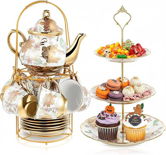 Maxcheck 21 Pcs Tea Party Set for Adults European Floral Tea Set with Metal Holder and 3 Tier Ceramic Cake Stand Porcelain Flower Cup Teapot for Dessert Cupcake(Classic Style)