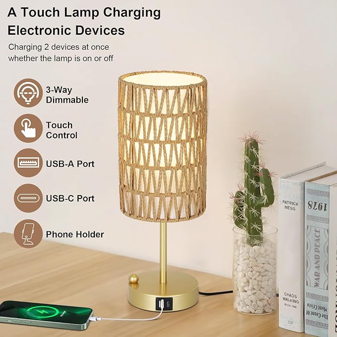 Gold Bedside Lamps Set of 2, Touch Control Night Stand Lamp for Bedroom with Rattan & Linen Shade & Bulbs, 3 Way Dimmable Small Boho Table Lamps with USB Charging Port & Phone Stand