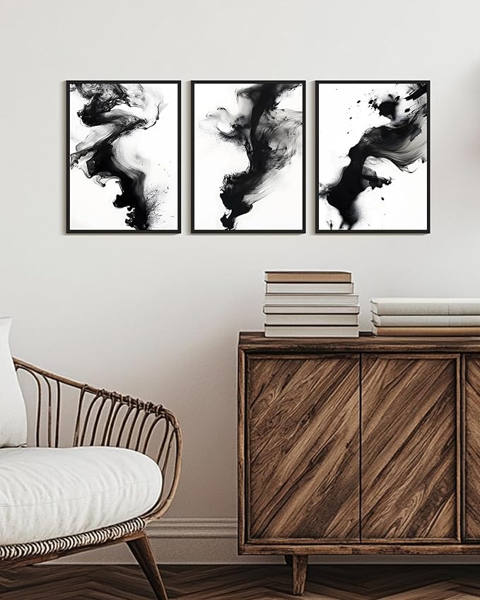 KUVIOKE Black White Abstract Framed Canvas Wall Art Ink Wash Pastel Wall Decor Modern Rendering Illustration Art Painting for Bedroom Dining Room 12x16in (Black Framed)