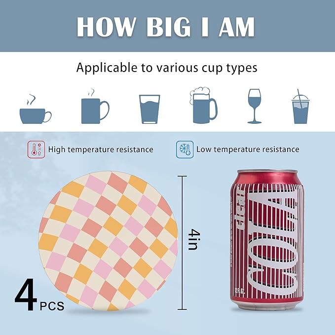 Coasters for Drinks,Set of 4 Absorbent Coasters,Groovy Rainbow Chessboard Waves Swirl Twirl Ceramic Coasters with Cork Base,Cup Coaster for Coffee Table Protection,Gifts for Housewarming Birthday