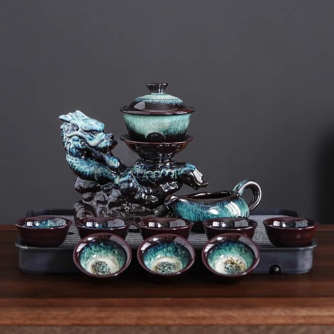 Ceramic Teapot with Infuser Semi Automatic Tea Set Magic Teapot with 8 cups Gradient Color (Gradient Dragon- B)