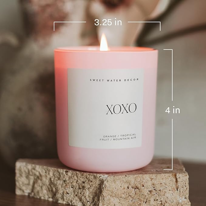 Sweet Water Decor XOXO Scented Candles - Soy Candles with Tropical Fruits, Lemons & Redolent with Lightly Exotic Mountains Greens - Candle Wax with 70 Hours Burn Time - 15Oz Pink Matte Jar Candles