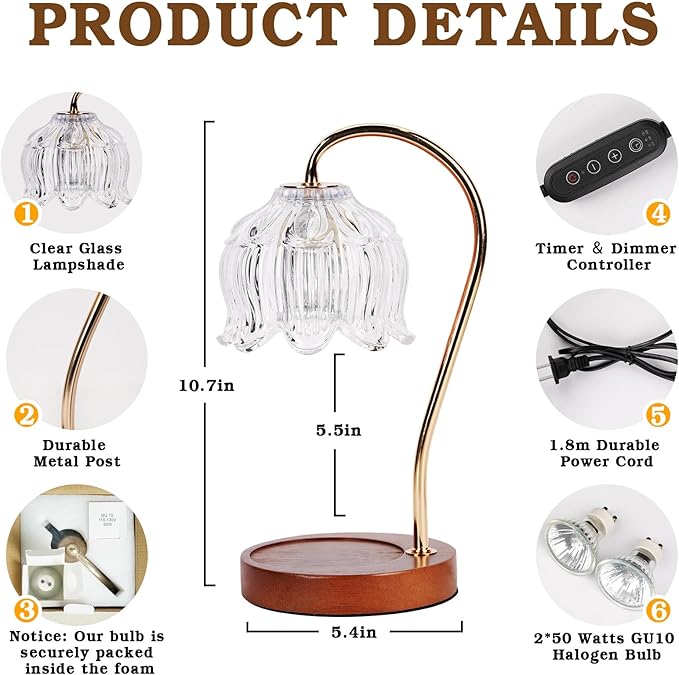 White Clear Candle Warmer Lamp with Timer Dimmer, Flower Candle lamp Warmer, 2 Bulbs, Wax Melter Warmer for Jar Scented Candles, Christmas Birthday Gifts Ideas for Women Mom