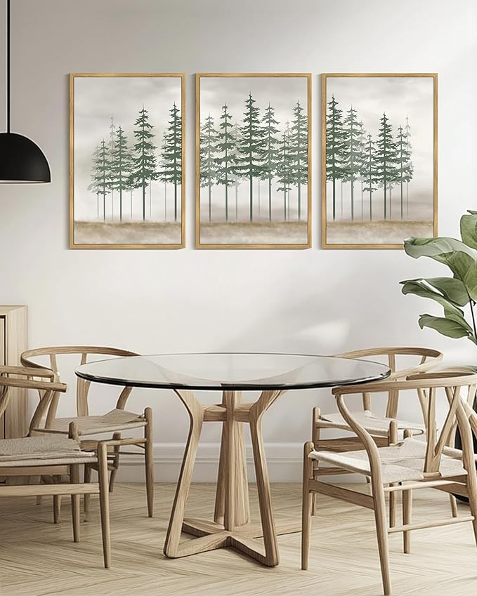 KUVIOKE Green Foggy Misty Pine Tree Framed Canvas Wall Art Watercolor Nature Abstract Forest Wall Decor Rustic Minimalist Painting for Bedroom Dining Room 24x36in (Natural Framed)