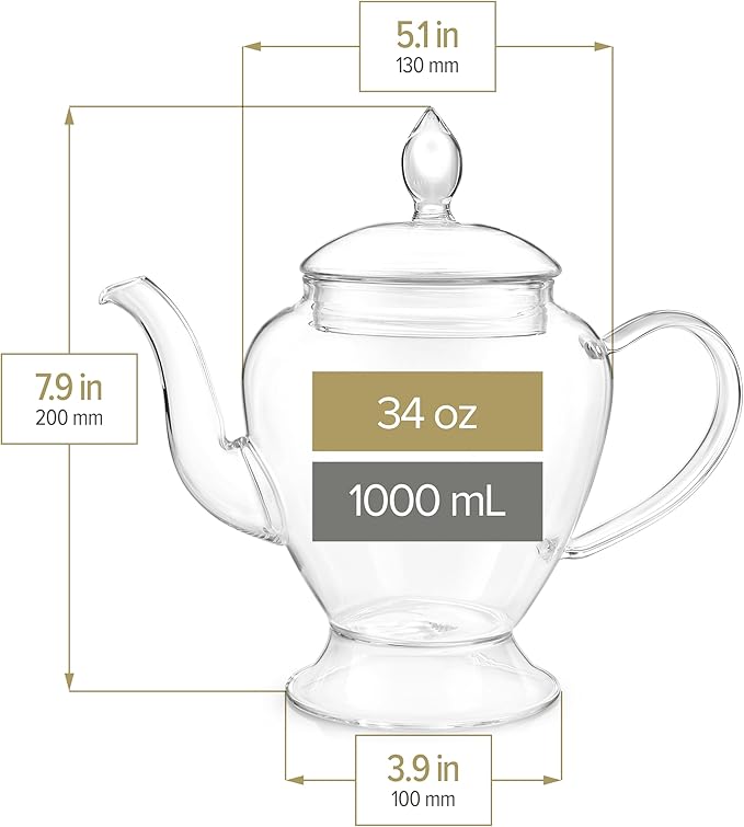Teabloom Le Bouquet Glass Teapot with Two Gourmet Blooming Tea Flowers - 34 Oz /1 L Capacity (Up to 4 Cups of Tea)