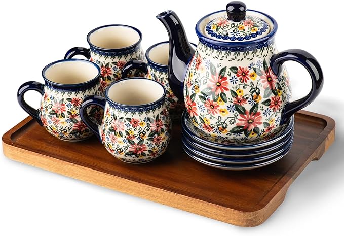 polish pottery style porcelain ceramic 10 piece Tea set,7.2oz tea cup and sauce set of 4,28.2oz teapot and wooden serving tray.（ Exotic Daisy）