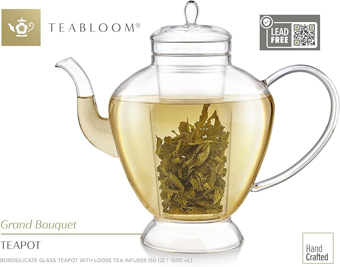 Teabloom Grand Bouquet Glass Teapot with Microdot Glass Infuser – Elegant 50oz Borosilicate Teapot for Whole Leaf & Blooming Teas – A Pure & Visual Tea Experience – Tea Purist's Choice