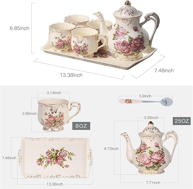YOLIFE Porcelain Tea Set Vintage Rose, Tea Cups with Teapot, Serving Tray and Teaspoon Service for 4, Suitable for Tea Party Gifts