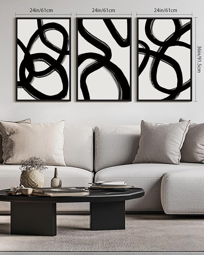 KUVIOKE Black and White Abstract Framed Wall Art Ink Wash Minimalist Lines Painting Artwork for Bedroom Hallway 24x36in (Black Framed)
