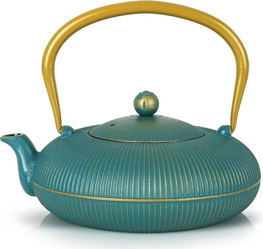 Green Cast Iron Teapot Large Capacity 40oz/1200ml with Infuser for Loose Leaf Stovetop Safe Vertical Stripe Flat Tea Kettle, Enameled Interior