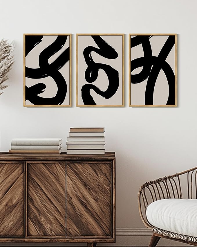KUVIOKE Black Abstract Framed Wall Art Ink Wash Minimalist Lines Canvas Painting Artwork for Bedroom Hallway 16x24in (Natural Framed)