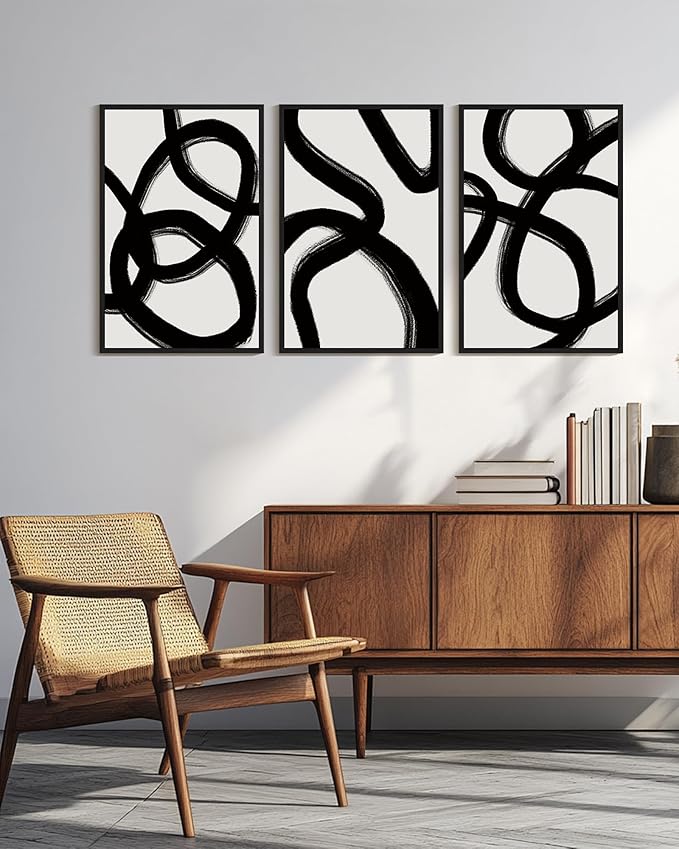 KUVIOKE Black and White Abstract Framed Wall Art Ink Wash Minimalist Lines Painting Artwork for Bedroom Hallway 24x36in (Black Framed)