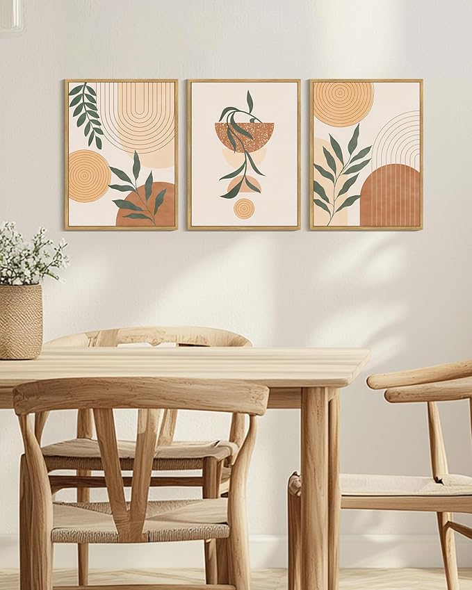 KUVIOKE Boho Wall Art Framed Canvas Botanical Mid Century Modern Wall Printing Neutral Abstract Geometric Prints Bohemain Sage Decor for Farmhouse Living Dining Room 12x16in (Natural Framed)