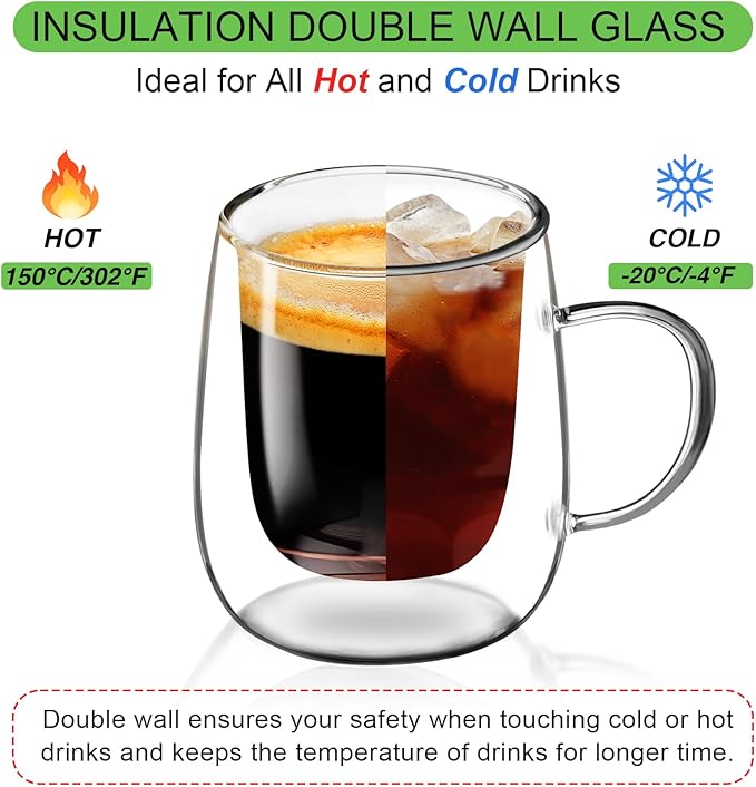 Glass Coffee Cups Set of 4, 13oz Double Walled Glass Mugs with Handles, Clear Insulated Coffee Mug Espresso Cups, Cappuccino Latte Tea Cups Set, Heat Resistant Borosilicate Clear Glasses