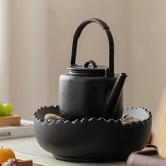 Small Stove Safe Ceramic Teapot with Cold Touch Curved Handle (27oz) - Hand-Glazed Finish - Suitable for Boiling Water and a Variety of Teas and Herbs - Matte Black